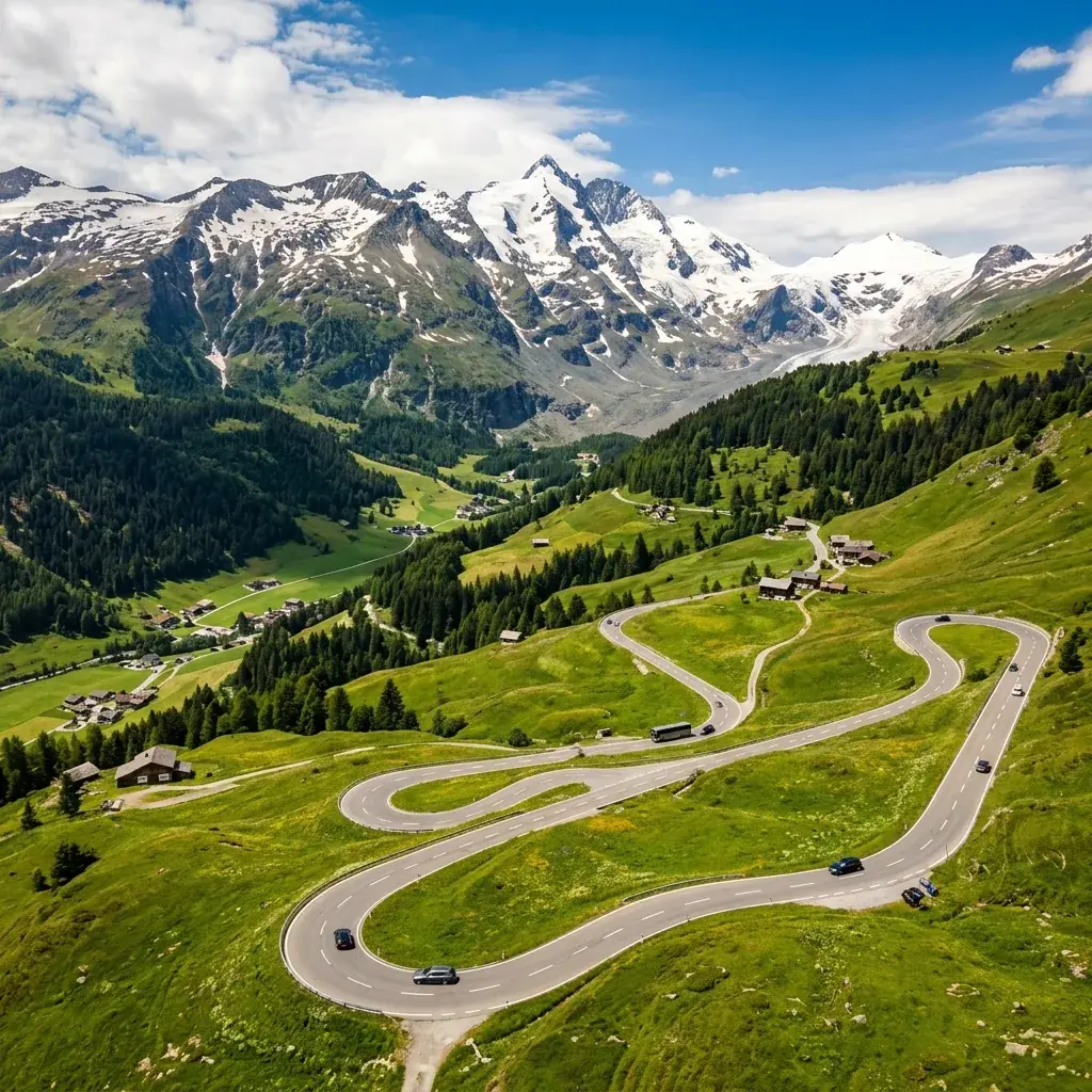 Kombi prevoz putnika Srbija → Austrija — planinski put kroz zelenu visoravan pod snežnim vrhovima