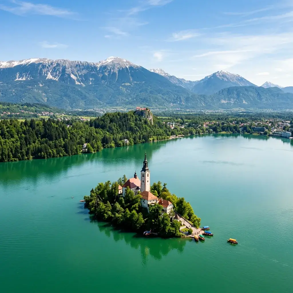 Kombi prevoz putnika Srbija → Slovenija — Bledsko jezero sa ostrvom i crkvom, Alpe u pozadini