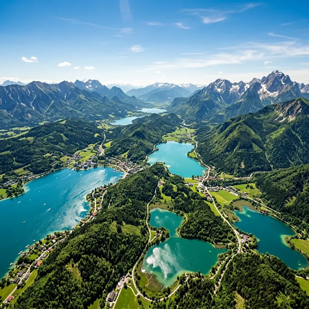 Koruško jezero sa planinama, šumom i selom na obali