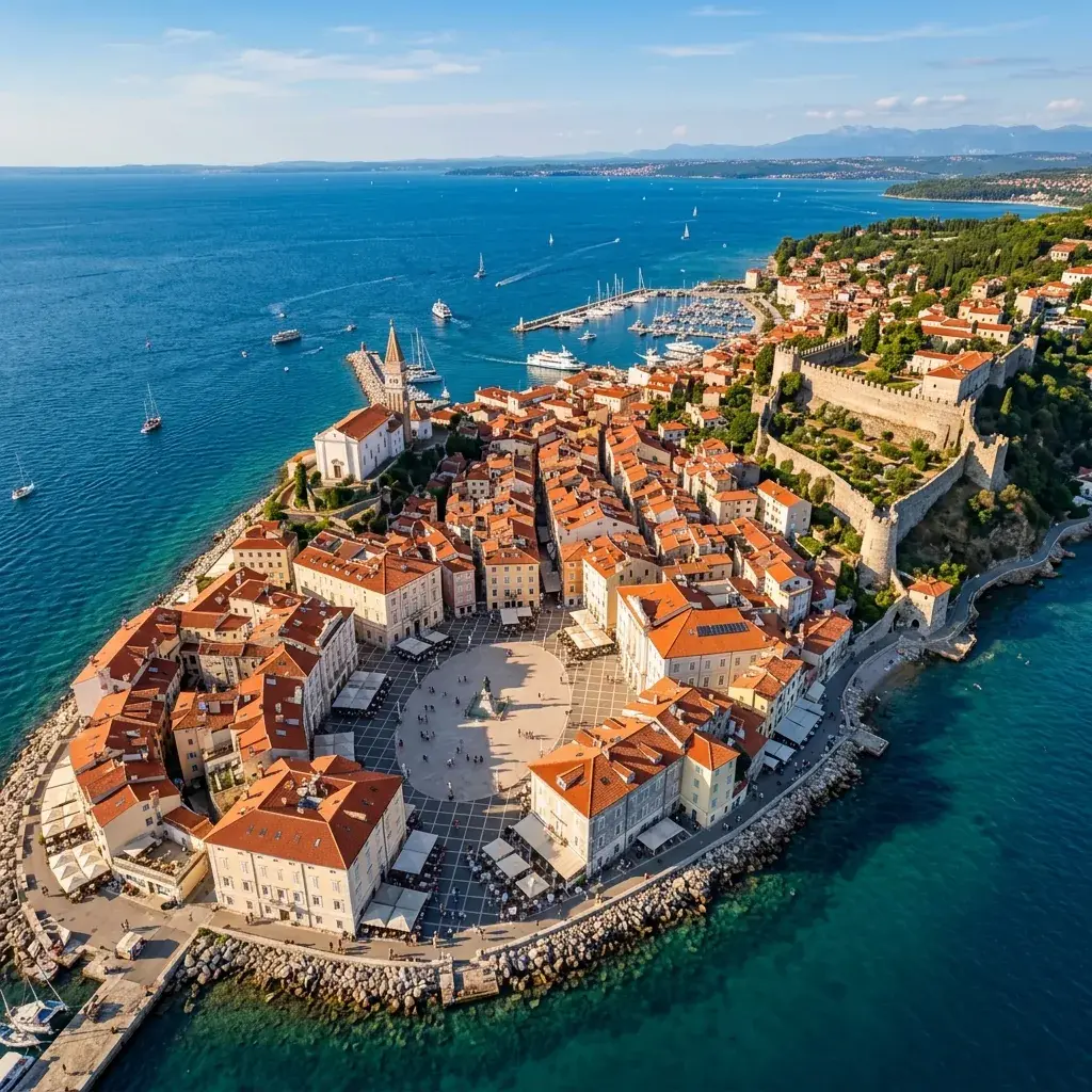 Slovenačka obala sa kamenim gradom, morem i mediteranskim zelenilom