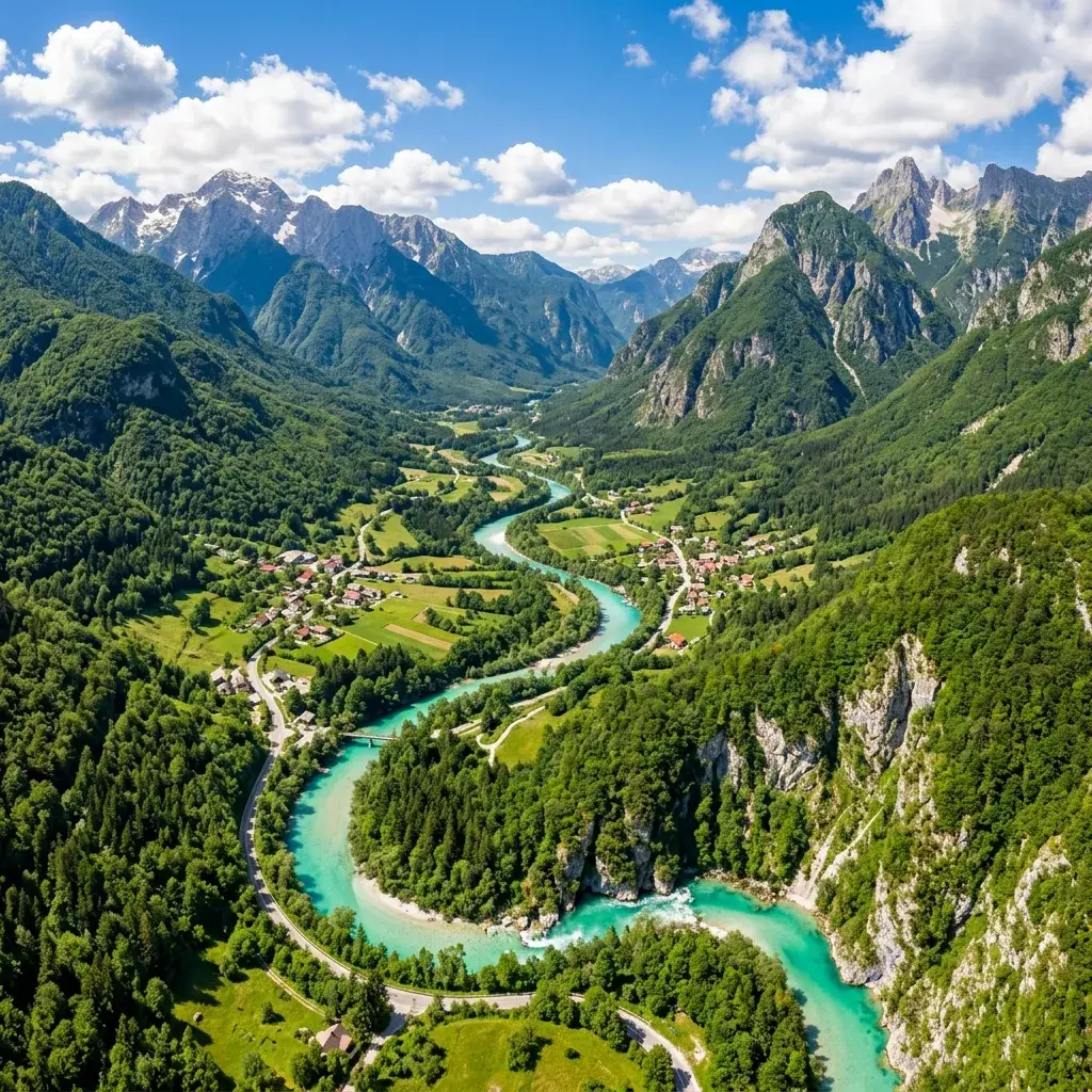 Slovenačke Alpe sa jezerom, šumom i planinskim vrhovima