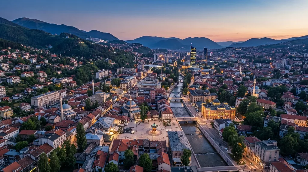 Sarajevo — grad u dolini pod brdima, sa munarama i kupolama u sumrak