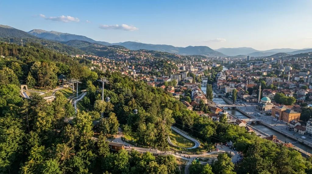 Pogled na Sarajevo sa Trebevića, sa gondolom žičare iznad šume
