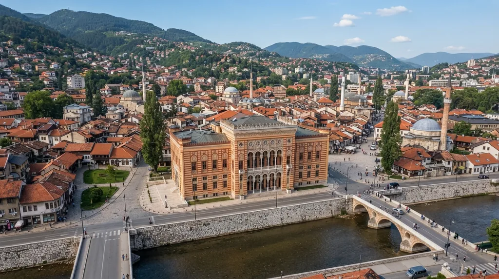 Sarajevska Vijećnica sa mosta preko Miljacke, sa starim gradom iza nje
