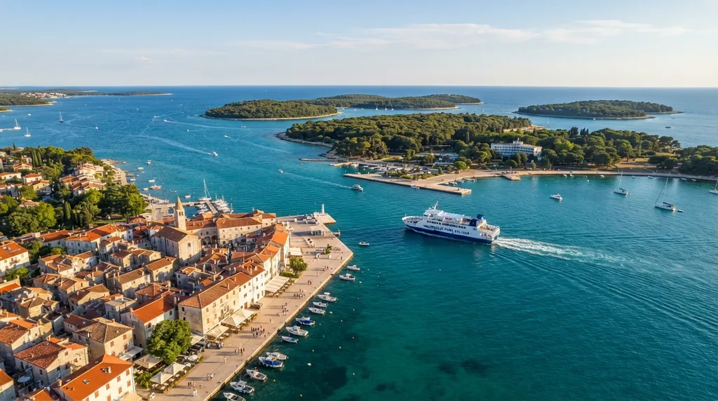 Fažana — luka sa trajektom za Brione i ostrva u pozadini
