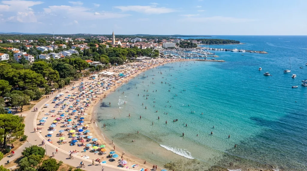 Medulin — široka peščana plaža sa plitkim ulazom i kupačima u moru