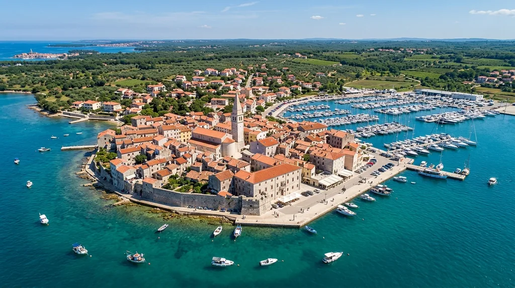 Novigrad u Istri sa zidinama, lukom i kamenim kućama uz more