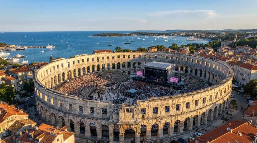 Pula — rimska Arena sa binom postavljenom za koncert