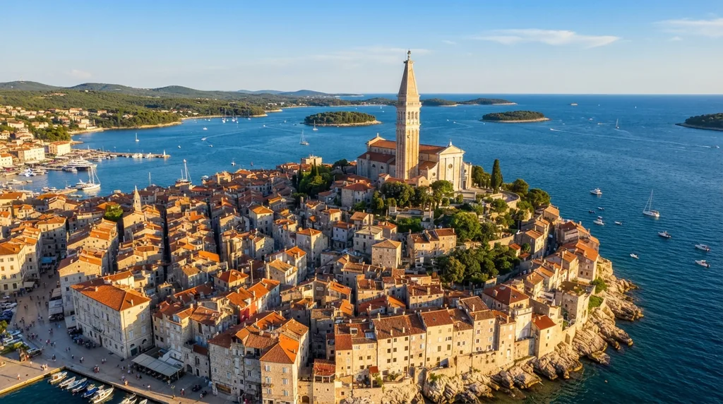 Rovinj — crkva Svete Eufemije sa zvonikom nad krovovima starog grada