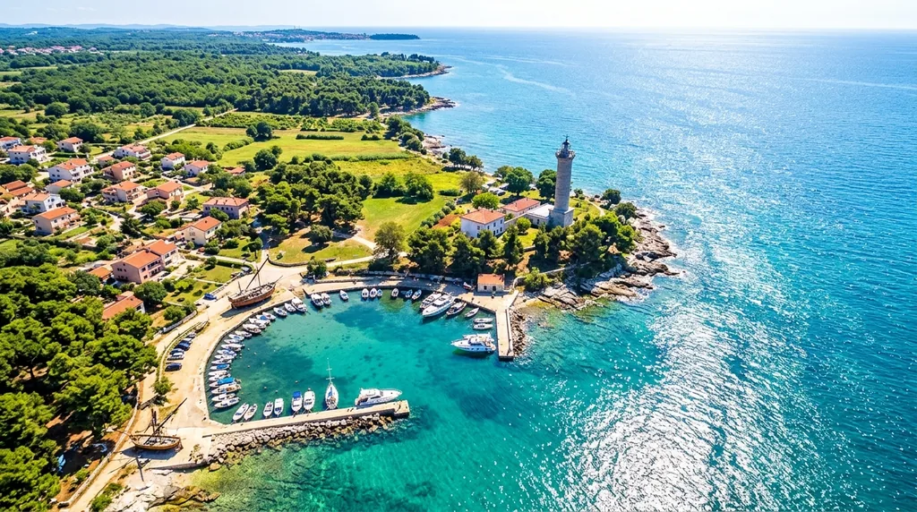 Savudrija sa kamenom obalom, svetionikom i morem
