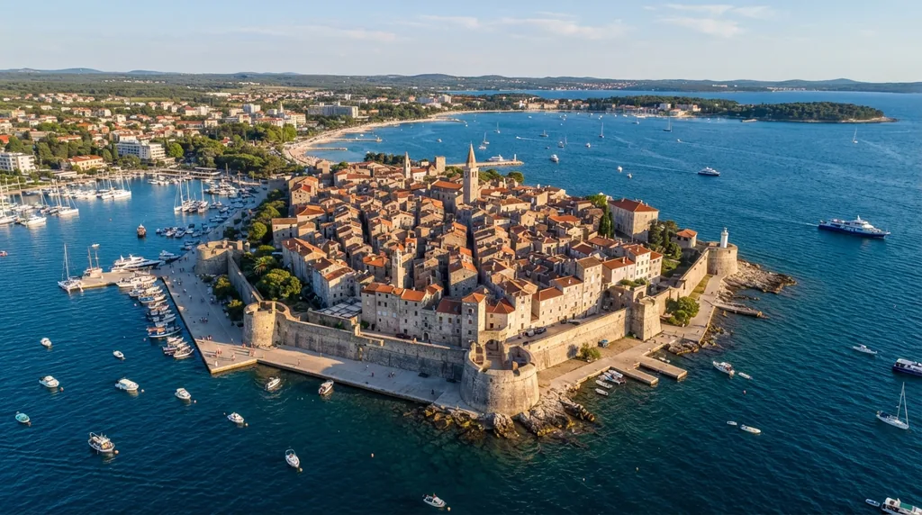 Umag — staro jezgro na rtu, opasano ostacima zidina, sa marinom