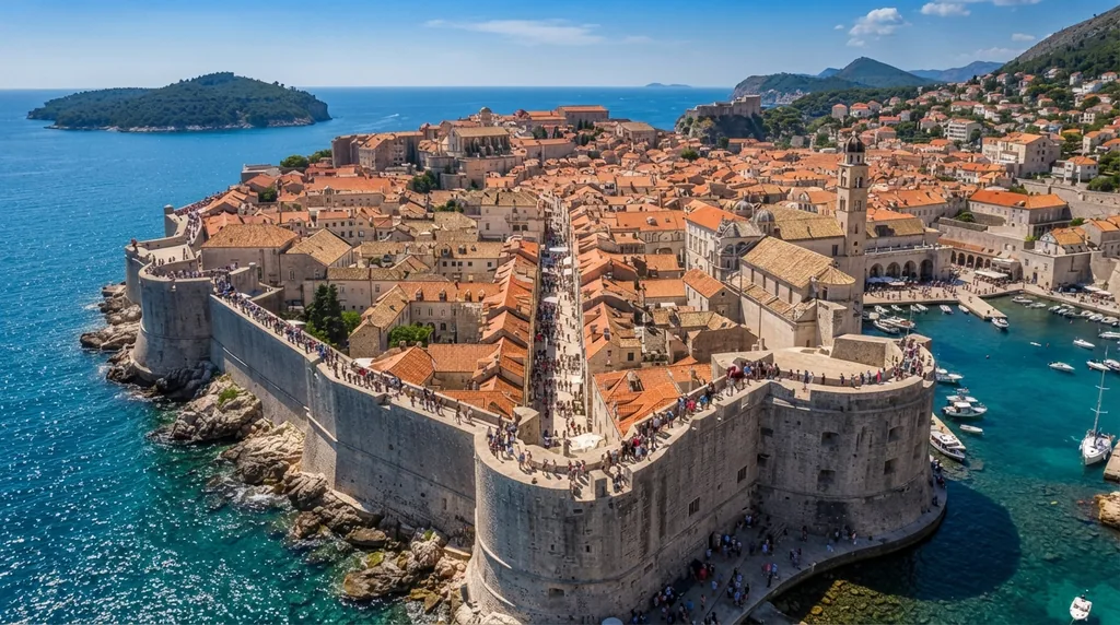 Dubrovnik — stari grad opasan zidinama, sa tvrđavom na rtu i morem oko njega