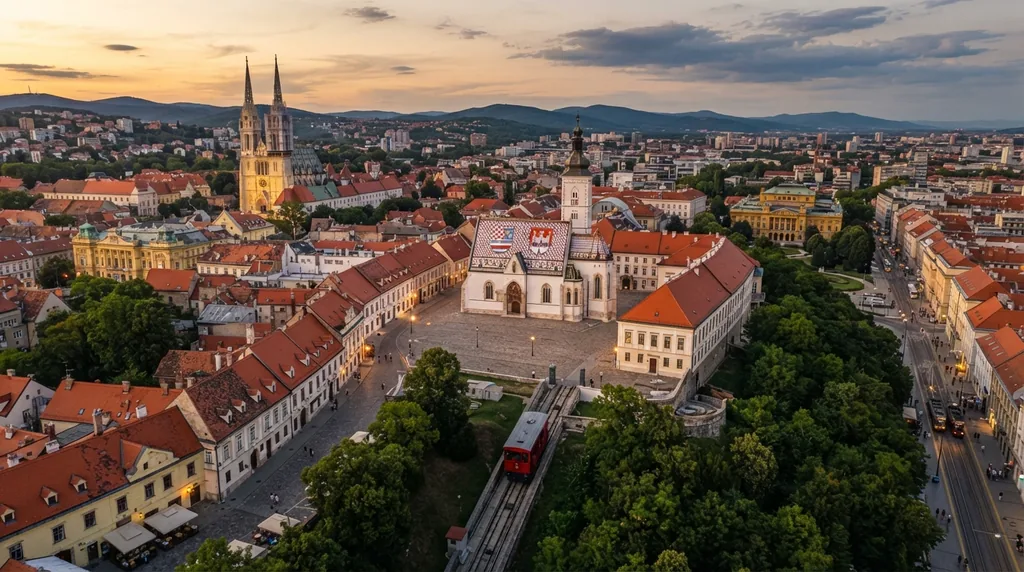 Zagreb — crkva svetog Marka sa šarenim krovom i tornjevi katedrale iza