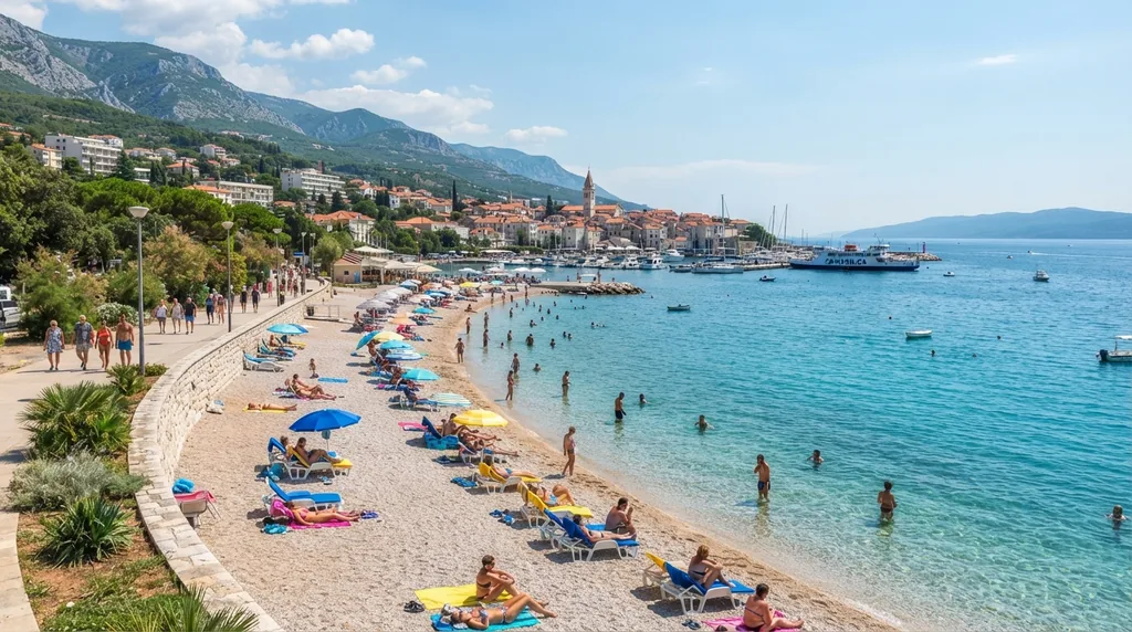 Crikvenica — gradska plaža sa suncobranima, šetalištem i molom u moru