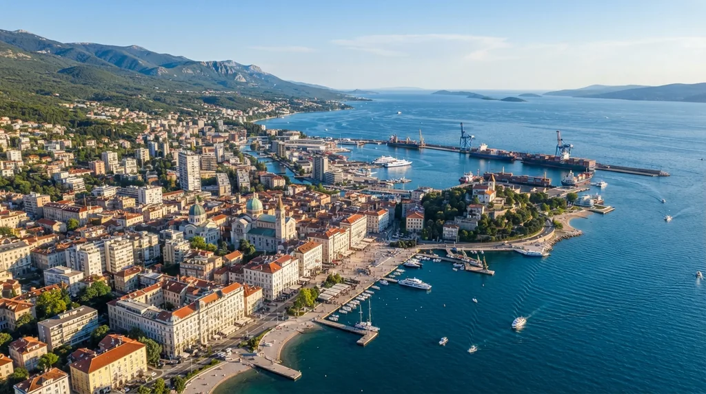 Rijeka — gradska luka sa dizalicama, brodovima i gradom koji se penje uz brdo