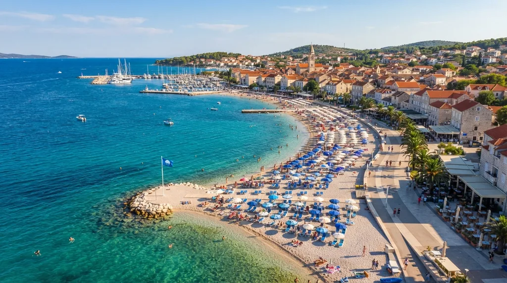 Vodice — uređeno kupalište sa suncobranima, marina i šetalište