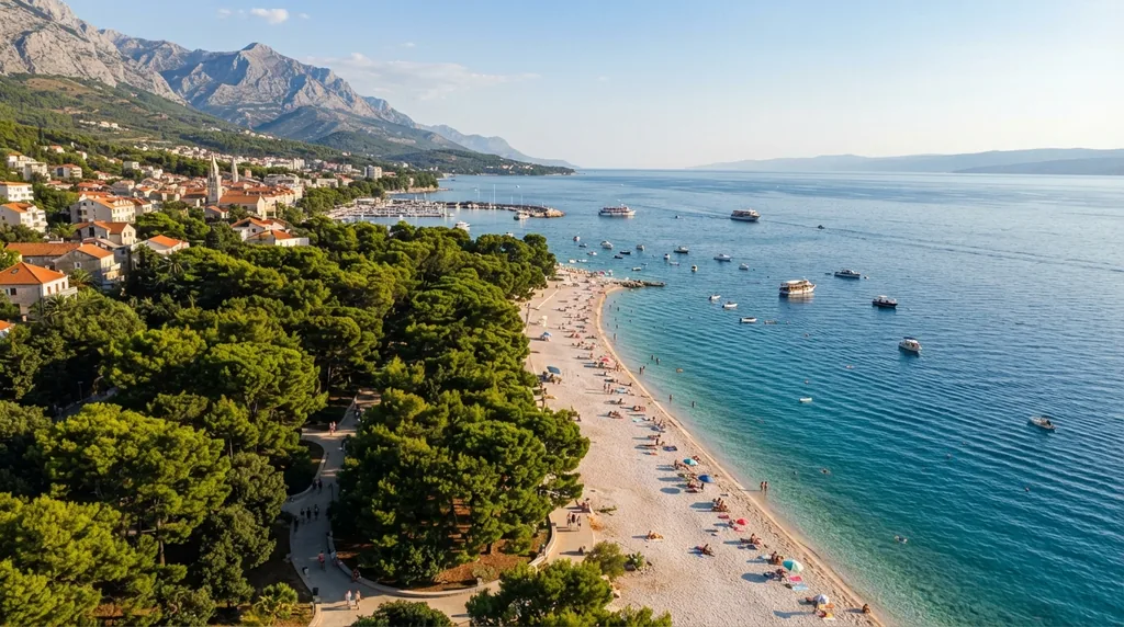 Makarska — šljunkovita plaža u hladu borova, sa Biokovom iznad grada