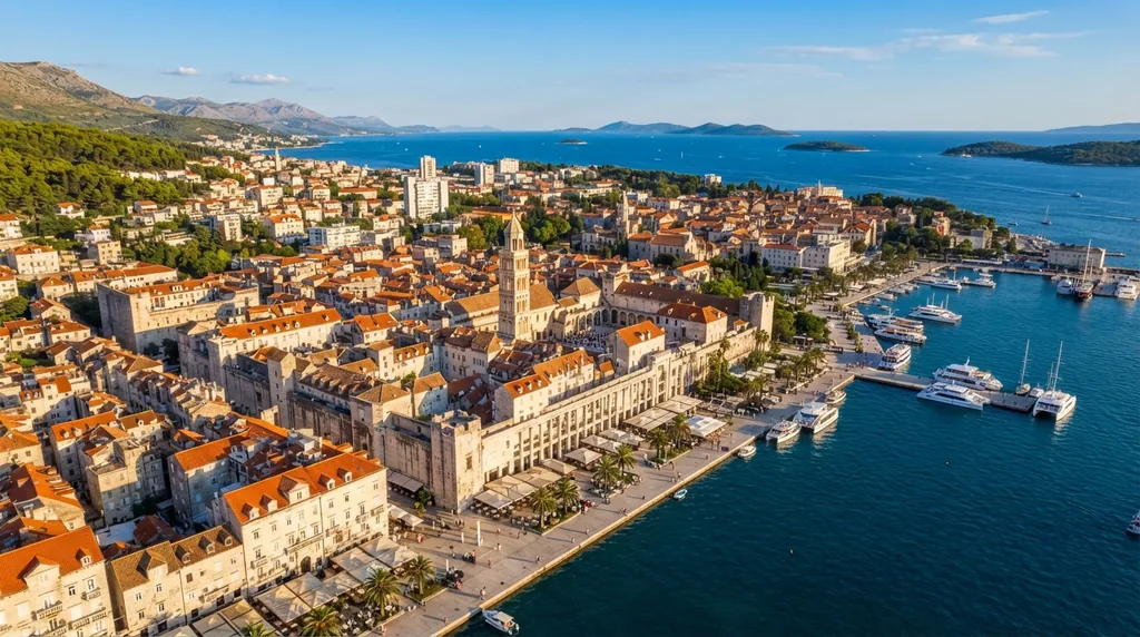 Split — Dioklecijanova palata uz obalu, sa rivom i lukom ispred nje