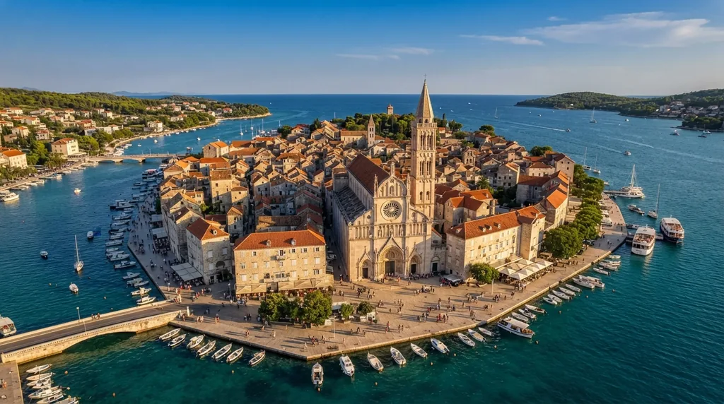 Trogir — jezgro na ostrvcetu sa katedralom i zvonikom, opasano morem