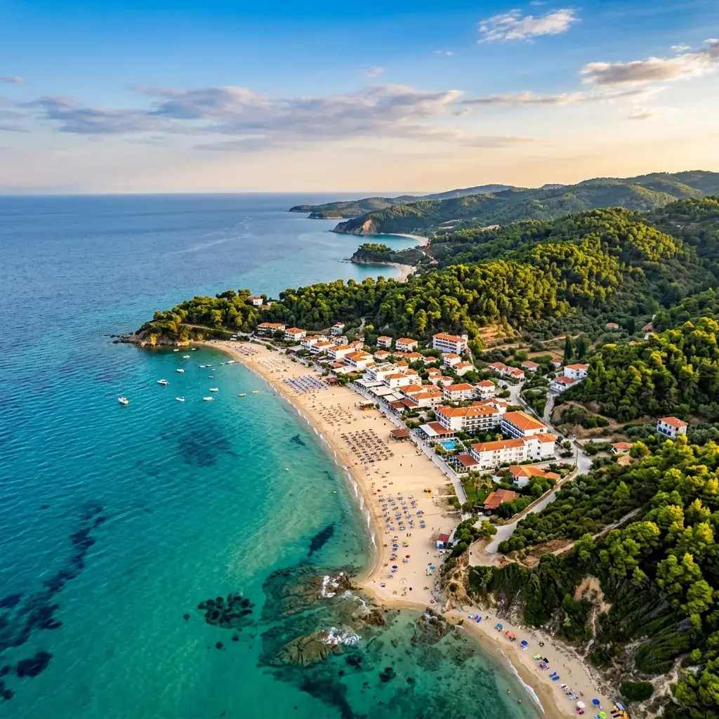 Duga peščana plaža u Skala Fourkasu na zapadnoj obali Kasandre