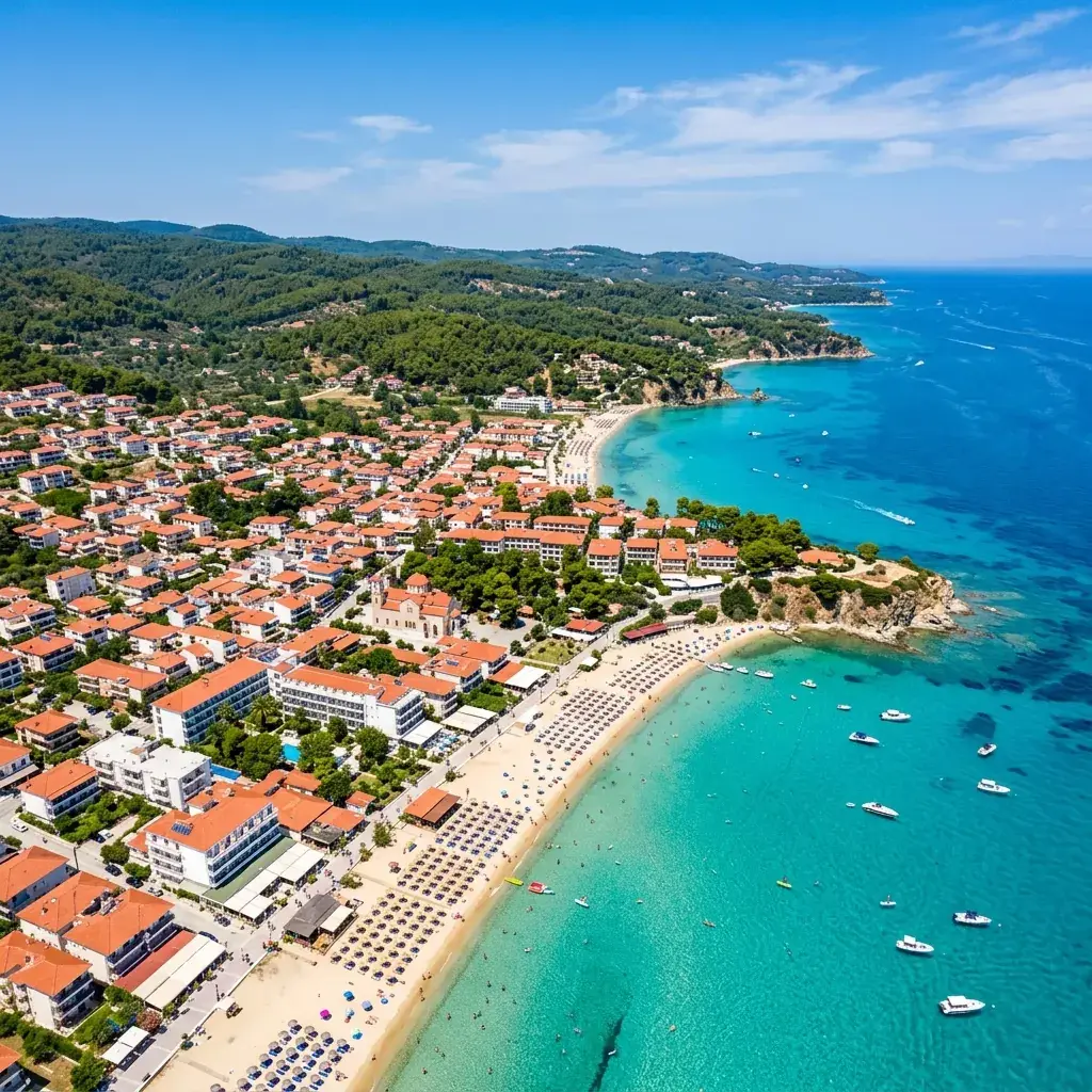 Duga peščana plaža u Kalitei sa uređenim kupalištem i naseljem uz obalu