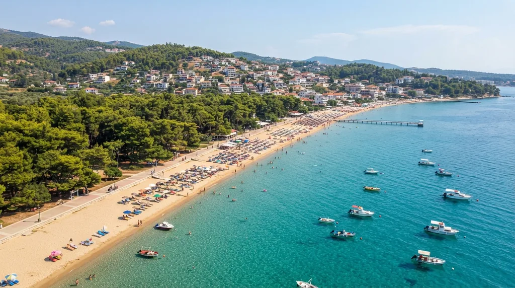 Pefkohori — duga peščana plaža pod borovima, sa čamcima u plićaku