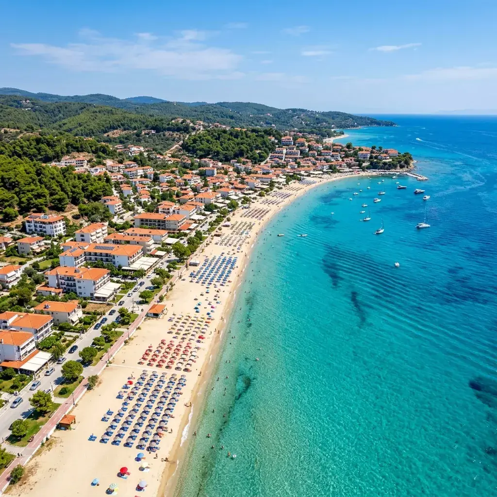 Peščana plaža u Polihronu sa plitkim ulazom u more i uređenim kupalištem