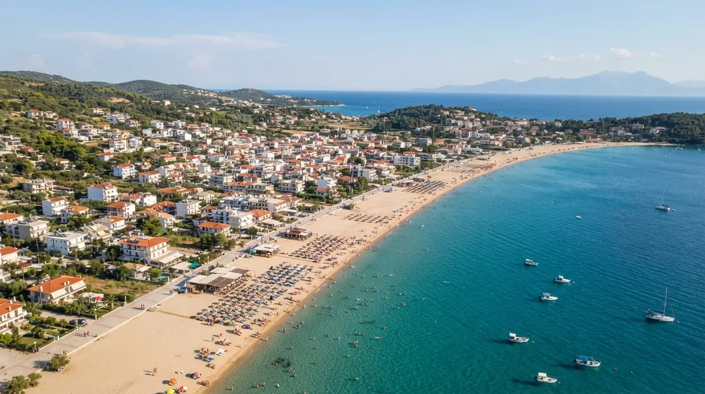Sarti — široka peščana plaža duž celog mesta, sa ležaljkama uz vodu