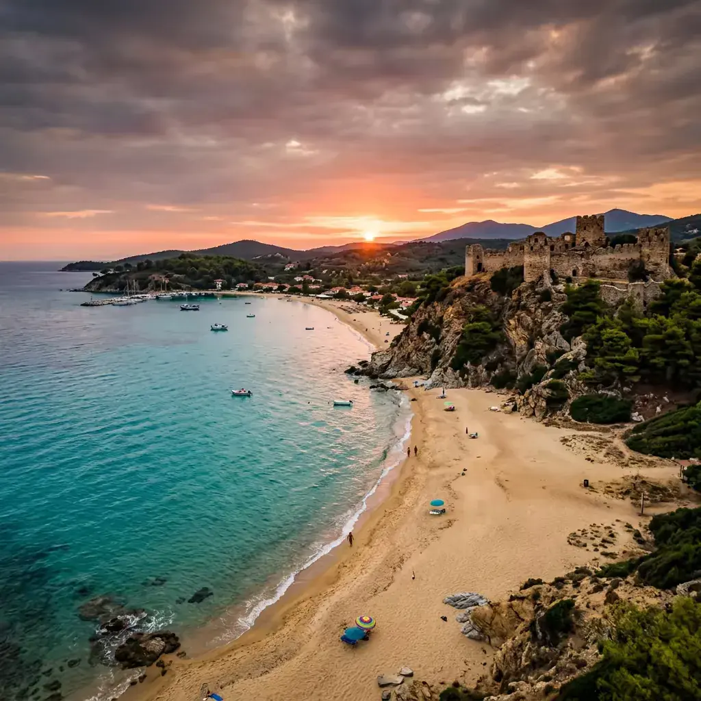 Duga peščana plaža u Toroniju sa rtom Likitos u pozadini