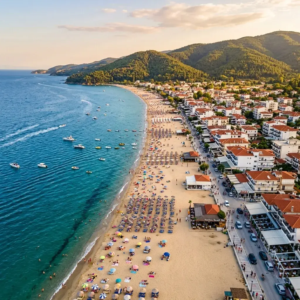 Peščana plaža sa borovima u Asprovalti, zapadno od Stavrosa
