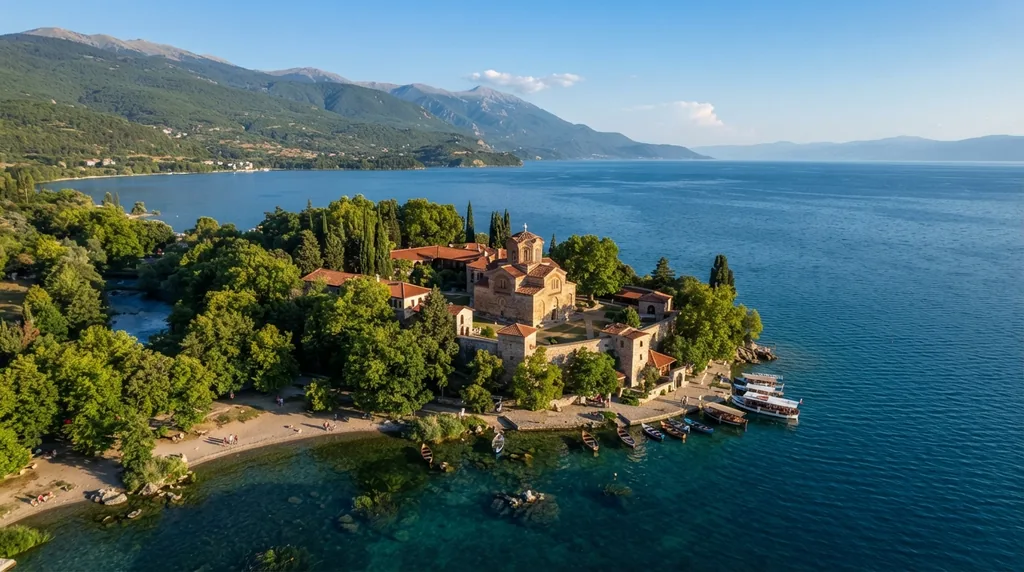 Manastir Svetog Nauma na rtu iznad Ohridskog jezera, sa čamcima