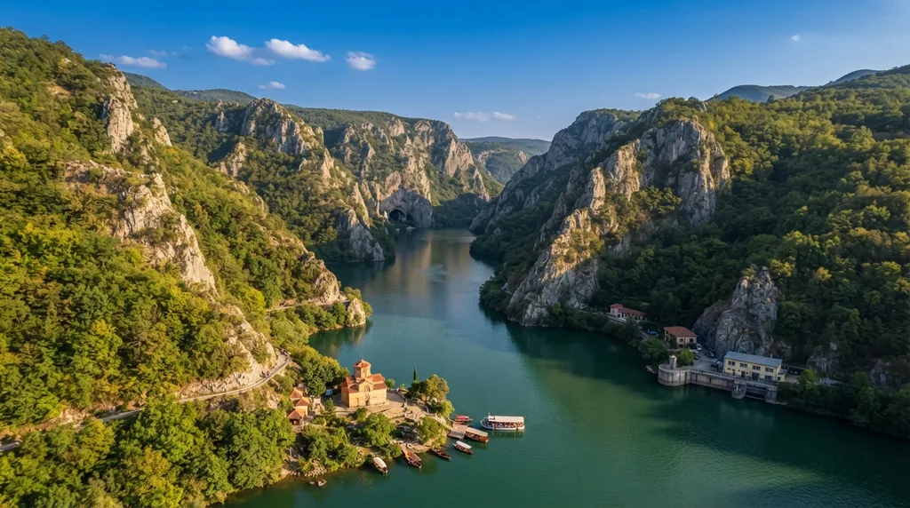 Kanjon Matka sa jezerom, čamcima i strmim liticama
