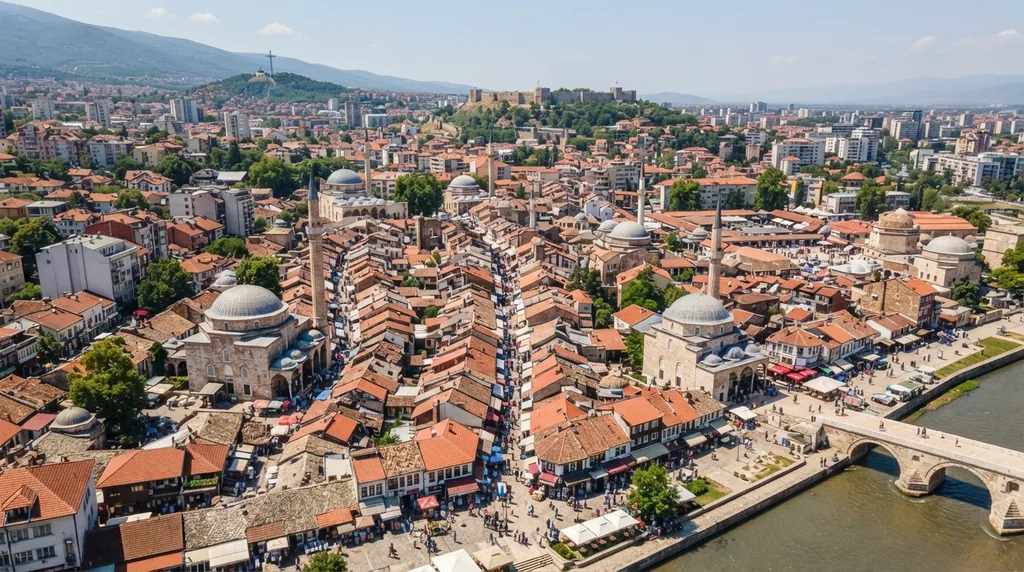 Skoplje — Stara čaršija sa kupolama, uz reku i most