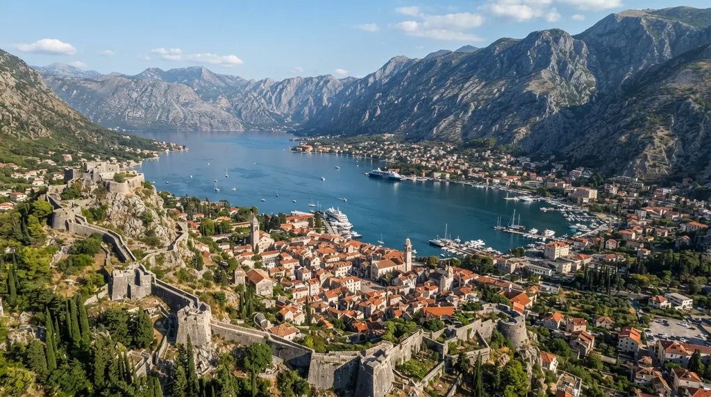 Boka Kotorska — zaliv pod strmim planinama, sa gradom u dnu
