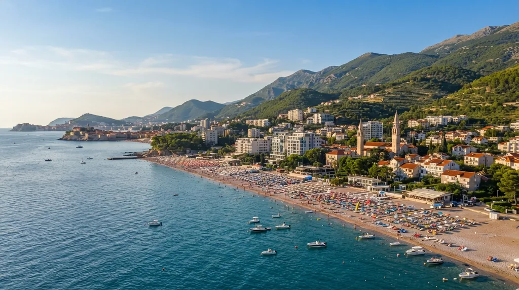 Bečići — duga peščana plaža sa suncobranima, naselje i planine iza nje