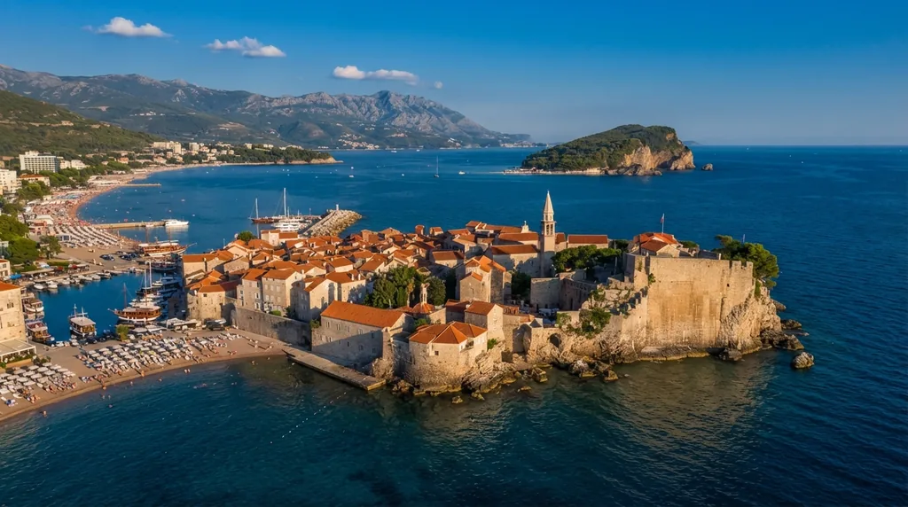 Budvanski stari grad iz vazduha, sa bedemima i Citadelom