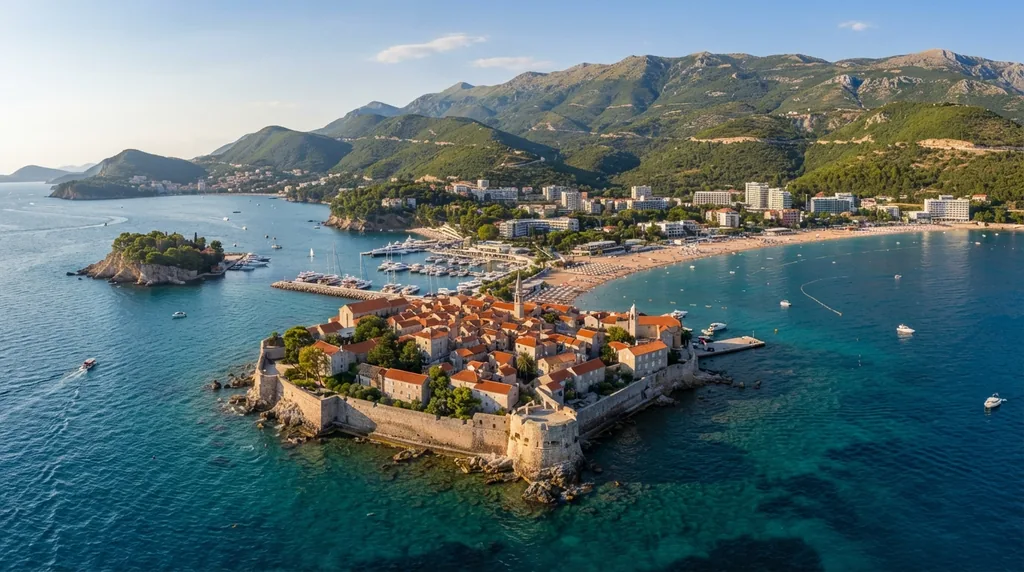 Sveti Stefan, ostrvce spojeno prevlakom sa kopnom, sa plažom