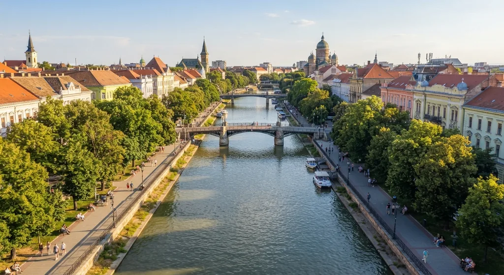 Kanal Bega u Temišvaru sa šetnicama, mostom i fasadama duž obe obale