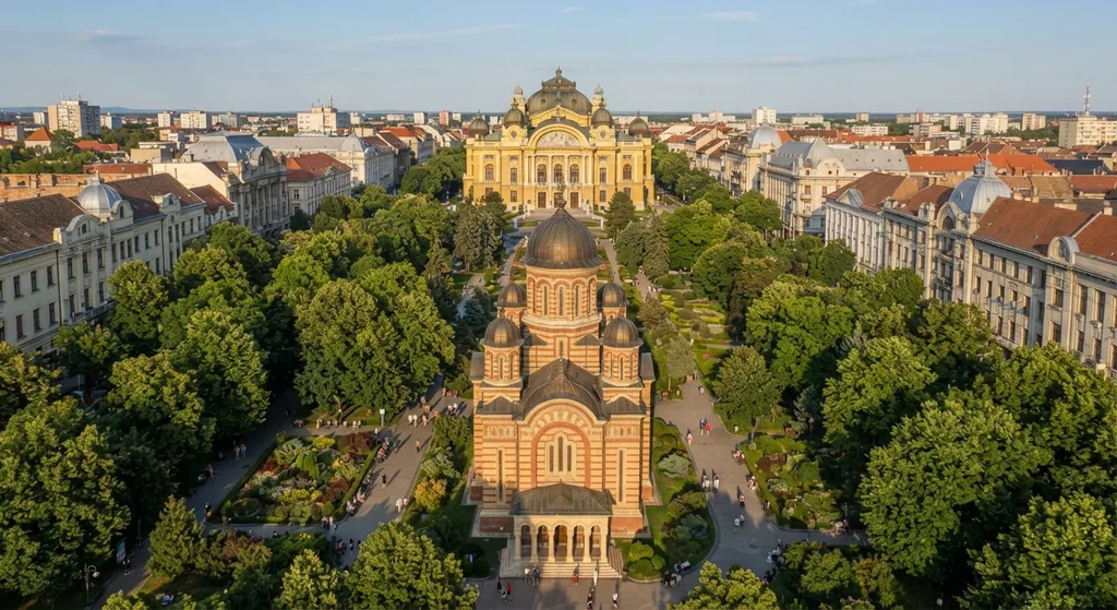 Zeleni trg u Temišvaru sa katedralom, parkom i fasadama sa obe strane