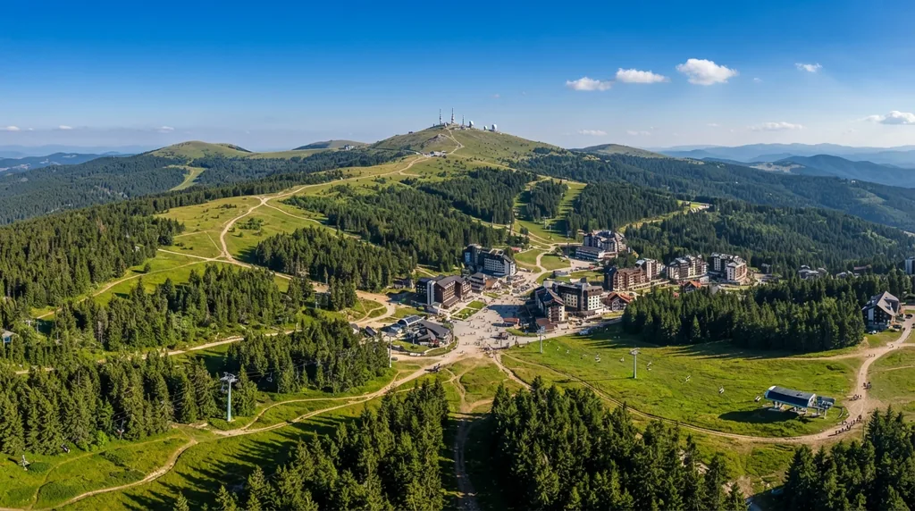 Ravni Kopaonik bez snega sa zelenim padinama, žičarama i borovom šumom