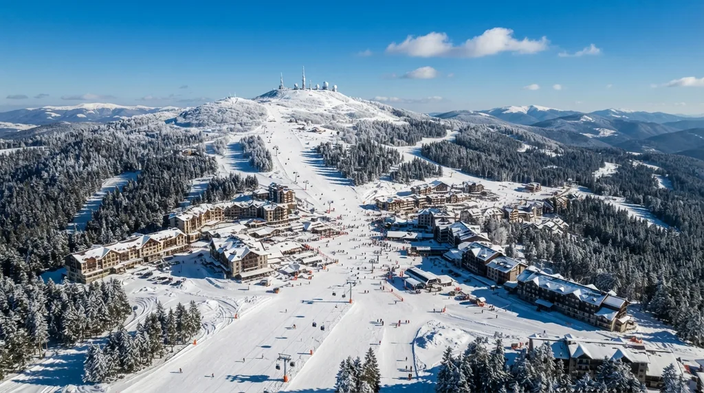 Kopaonik pod snegom sa skijaškim stazama i naseljem