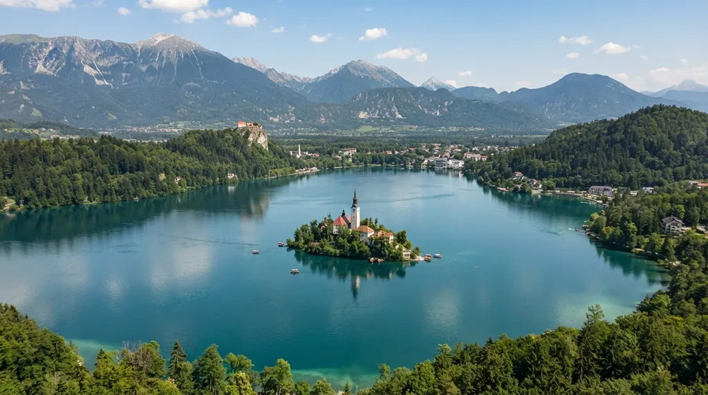 Bledsko jezero sa ostrvom i crkvom, dvorac na steni i Alpe u pozadini