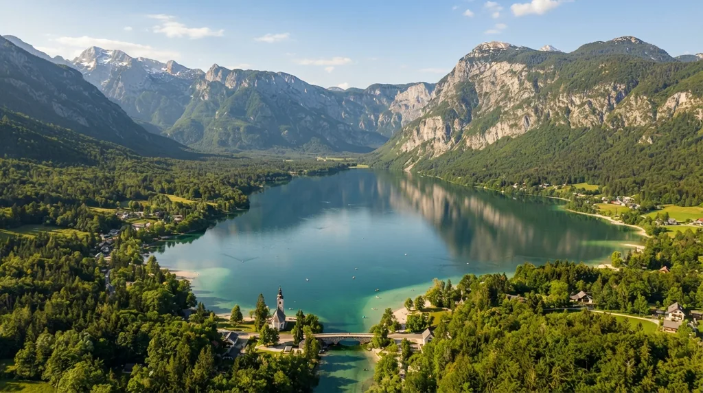 Bohinjsko jezero sa planinama koje izlaze pravo iz vode