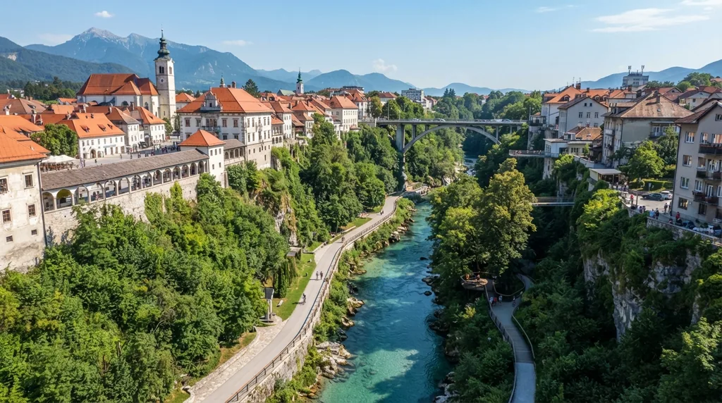 Kranj — staro jezgro na steni iznad kanjona Kokre, sa stazom uz vodu