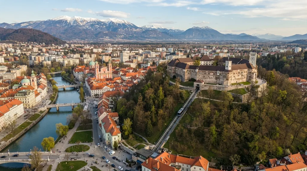Ljubljana — Ljubljanski grad na brdu iznad starog jezgra i reke