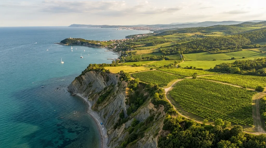 Debeli rtič kod Ankarana — flišni klif nad morem i vinogradi na visoravni
