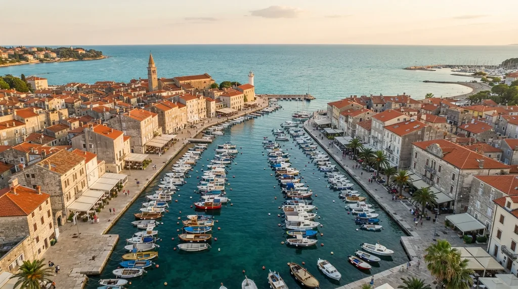 Izola — marina sa ribarskim barkama i staro jezgro sa zvonikom