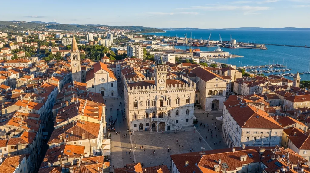 Koper — Titov trg sa Pretorskom palatom i luka sa dizalicama iza njega