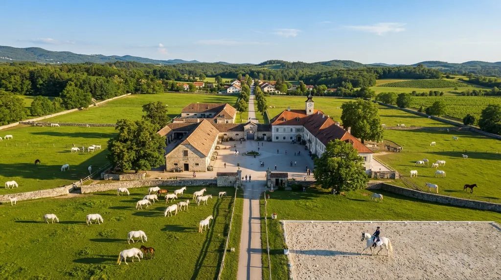 Lipica kod Sežane — beli lipicaneri na pašnjaku ispred zgrada ergele