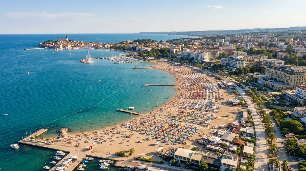 Portorož — uređeno kupalište sa suncobranima, marina i hoteli uz obalu